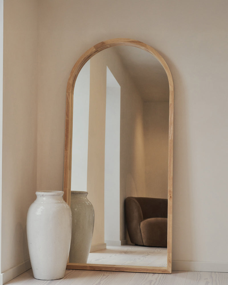 Full Length Light Wood Arched Wooden Mirror 67" x 31.5"