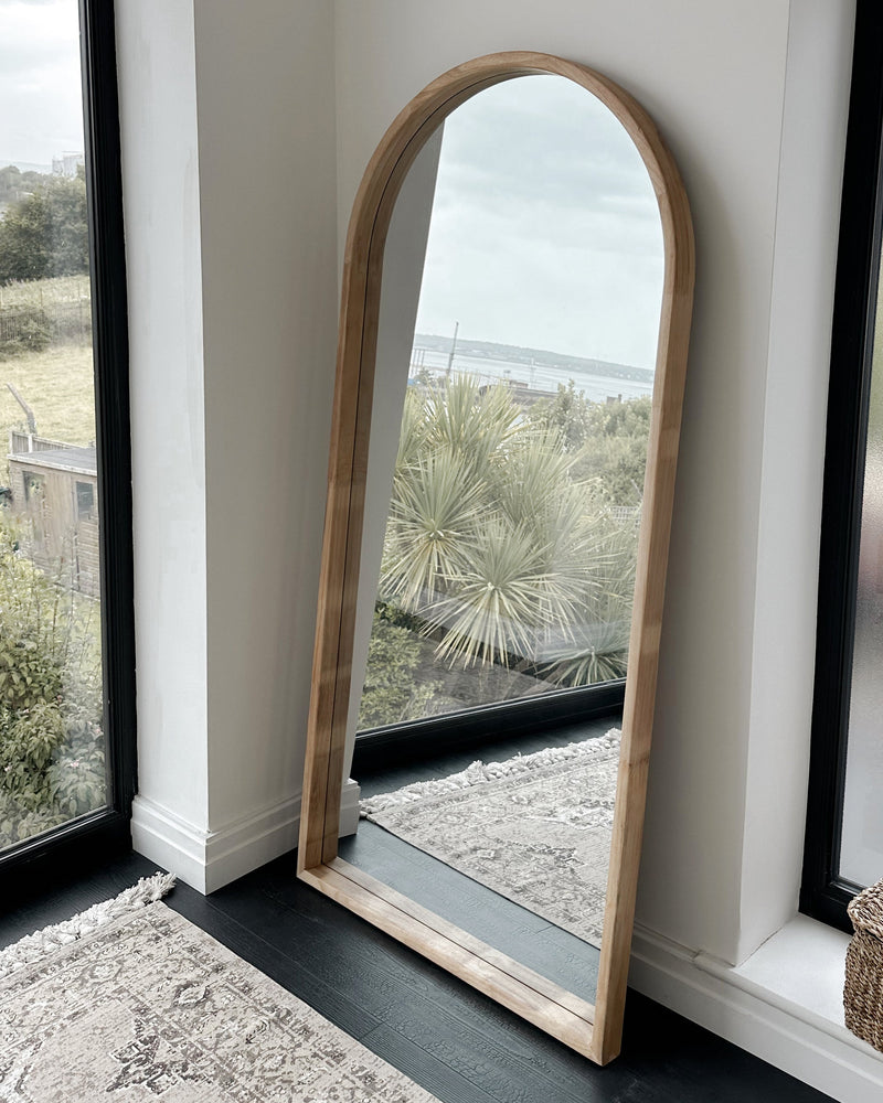 Full Length Light Wood Arched Wooden Mirror 67" x 31.5"