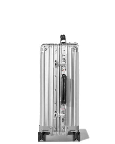 Compact cabin aluminium suitcase in silver, side view
