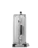 Compact cabin aluminium suitcase in silver, side view