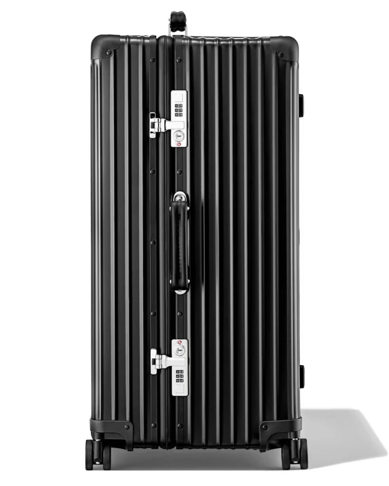 XL trunk aluminium suitcase in black, side view
