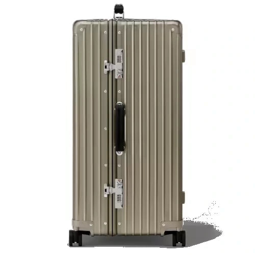 XL trunk aluminium suitcase in titanium, side view
